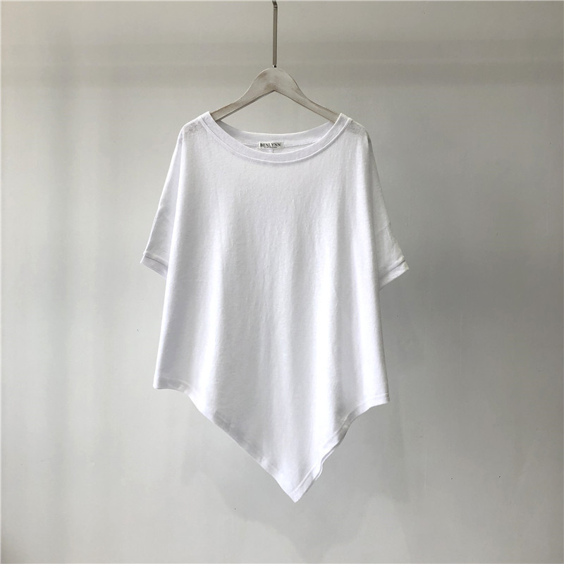 Containing Cotton Solid Color Irregular Hem Summer Short-sleeved T-shirt Women's Loose Round Neck Solid Color Base Shirt Top Women's Clothing