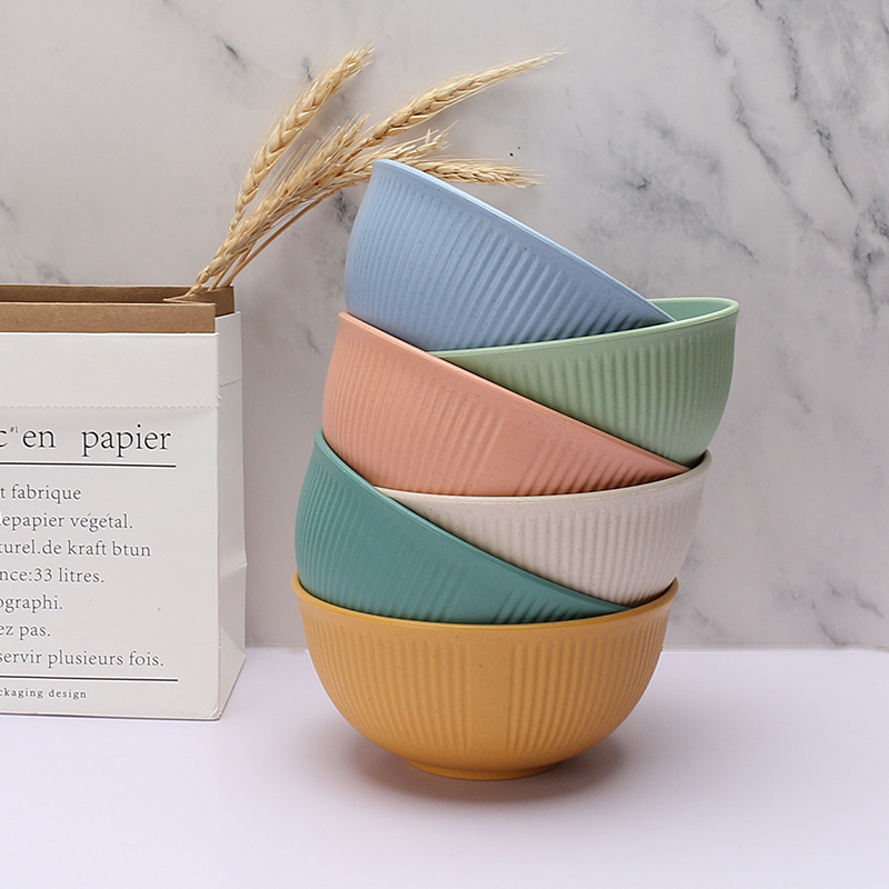 Wheat Straw Bowl Household Rice Bowl Vertical Pattern Japanese Ramen Bowl Salah Bowl Student Dormitory Instant Noodle Soup Bowl Boxed
