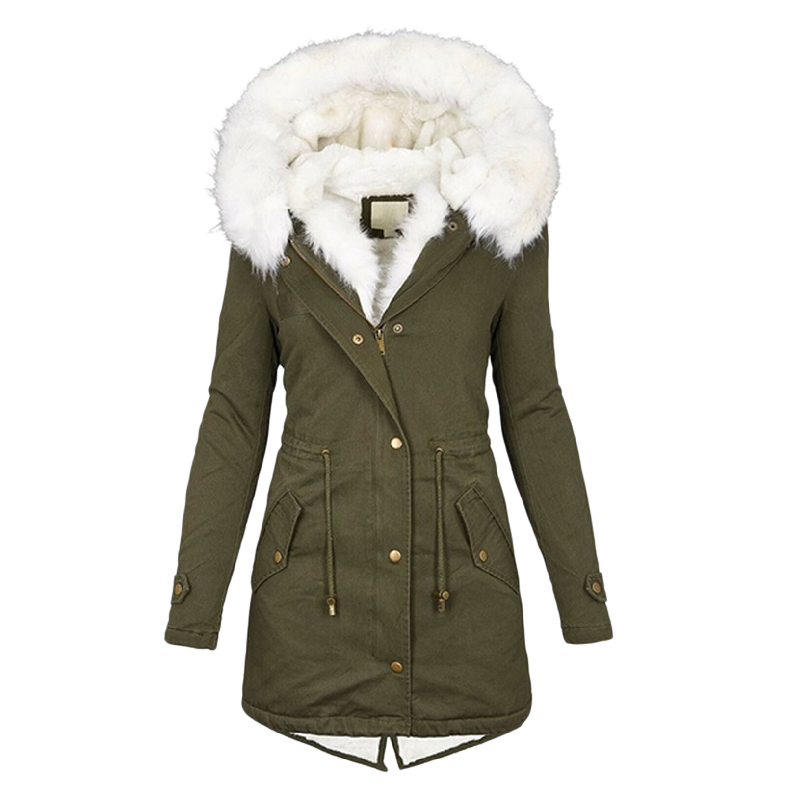2024wish Amazon women's autumn and winter mid-length trench coat white fur collar hooded warm fleece-lined women's coat