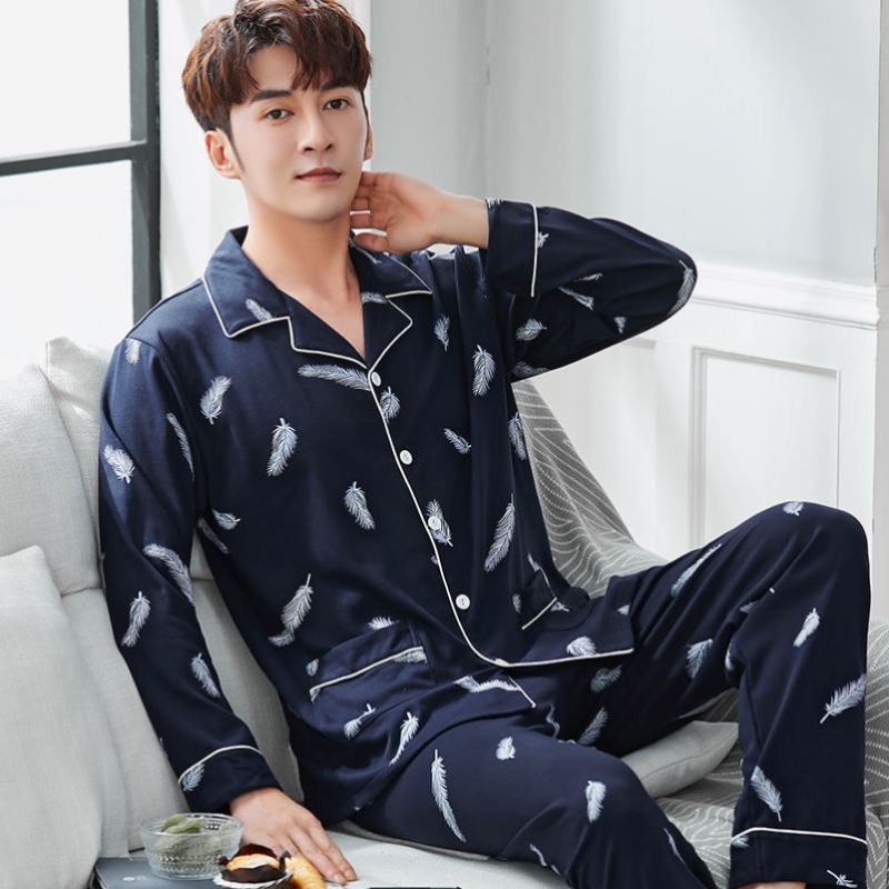 Fashionable Double-sided Cotton Pajamas Men's Long-sleeved Spring and Autumn Plus Size Green Middle-aged Casual Winter Home Suit