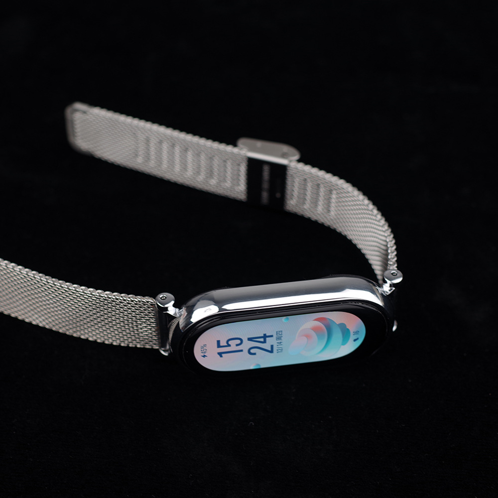 For Mi Band 8 Strap Metal Wristband Highlight Connector Stainless Steel Milan Three Bead Pendant Necklace