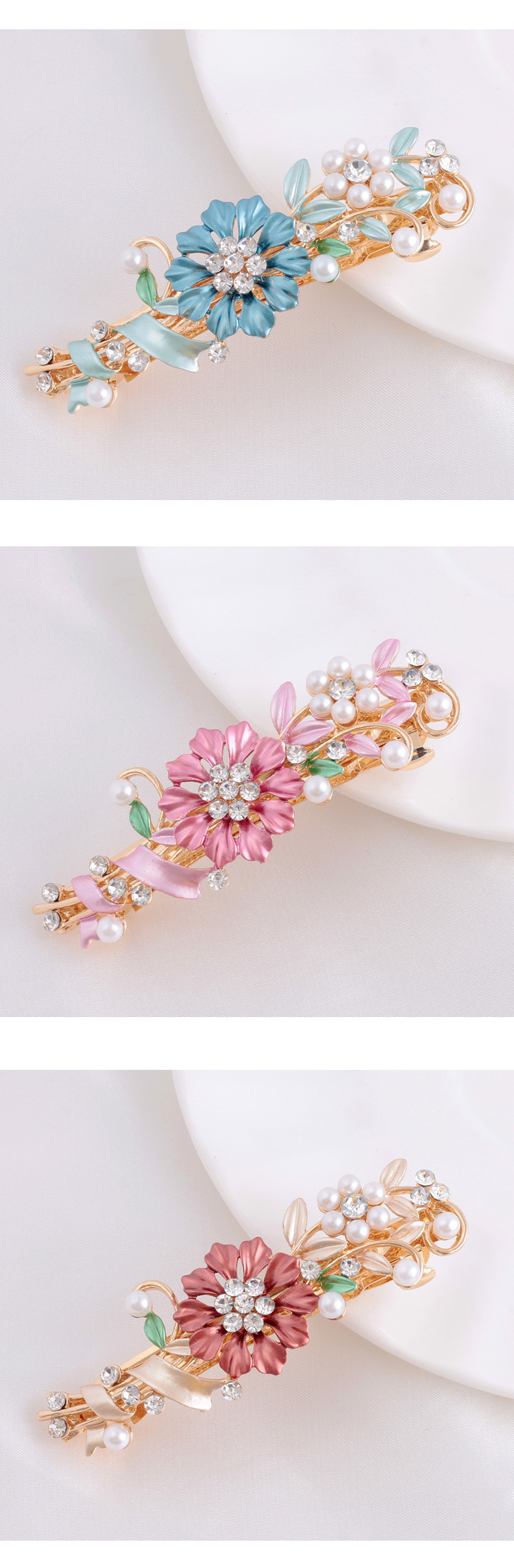 Fermaglio a molla unisex con fiore colorato dipinto a mano, fermaglio per capelli con piccola perla in lega, mezzo nodo per la testa femminile_voghion.com