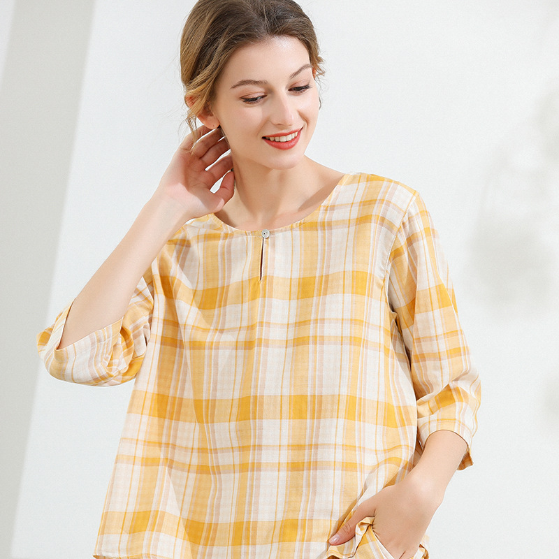2024 Spring New Cotton Double Gauze Women's Thin Seven-Sleeve Pajamas Plaid Set Casual Comfortable Home Clothes