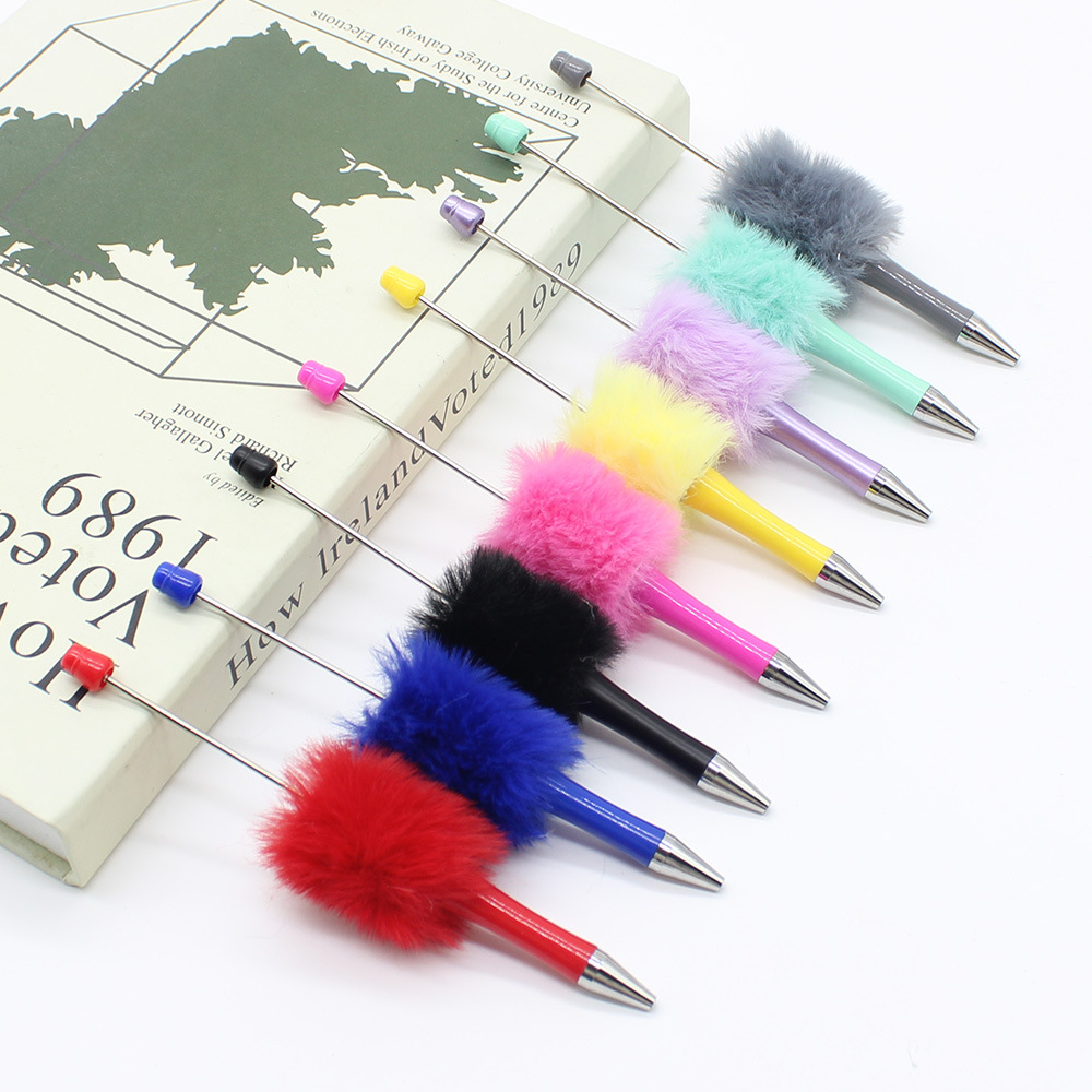 Cross-border New Creative DIY Fluffy Ball Beaded Pen Multicolor Pompon Beaded Ballpoint Pen Color Cute Cartoon Round
