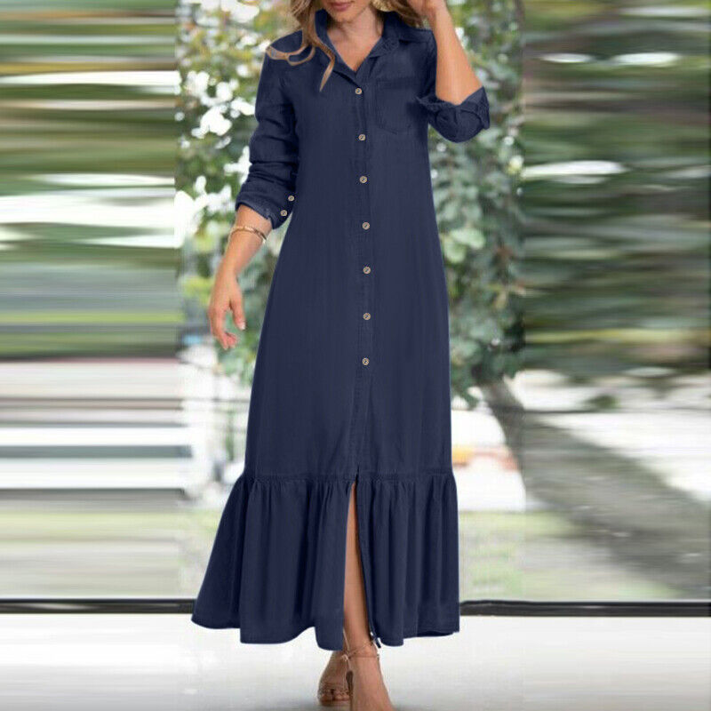 2022 European and American Autumn Women's Elegant Elegant Fashion Neutral Style Long Sleeve Lapel Cardigan Solid Color Long Denim Skirt