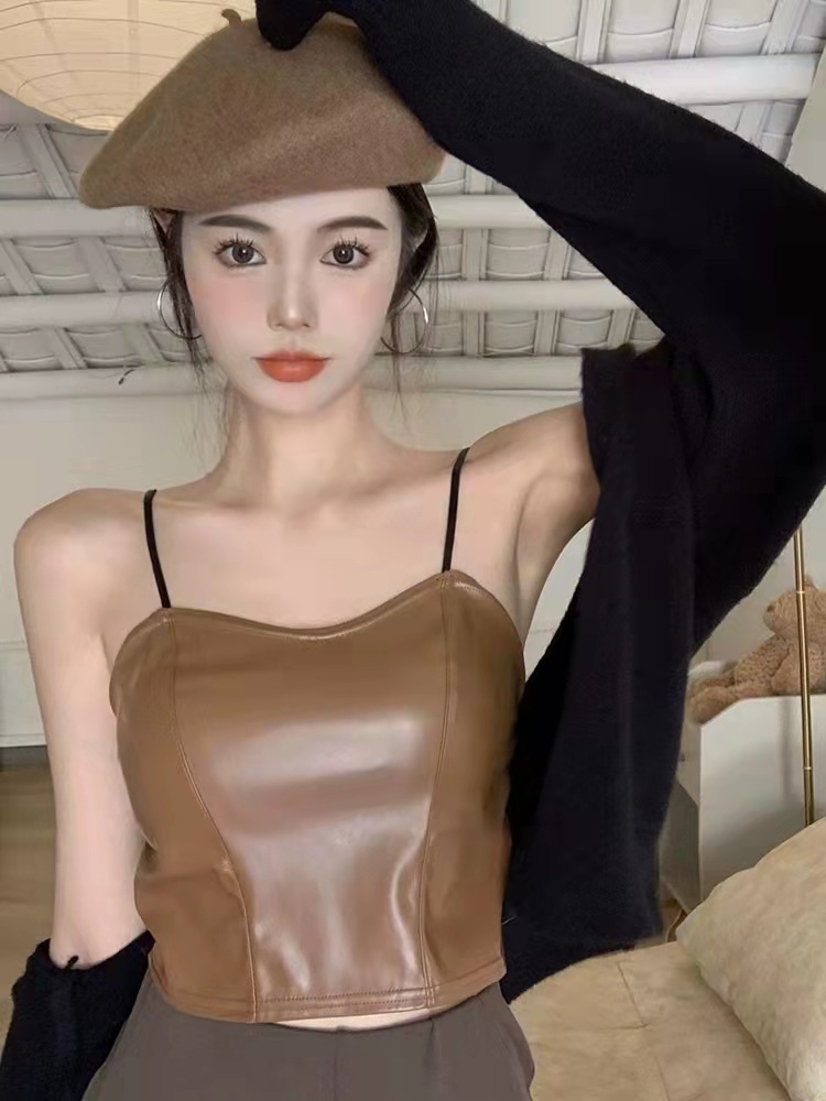 Cross-border beautiful leather back small camisole vintage niche inside and outside wear bottoming elastic chest pad women