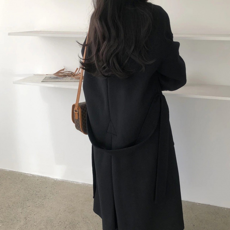 South Korea Dongdaemun 2023 autumn and winter New lace-up cashmere coat Women's Mid-length loose over-the-knee woolen coat_voghion.com