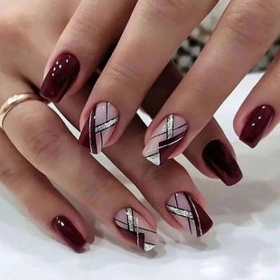 Mid-length European Square style wine red glitter line nail beauty fashion hot girl fake nails European and American ins style finished product detachable
