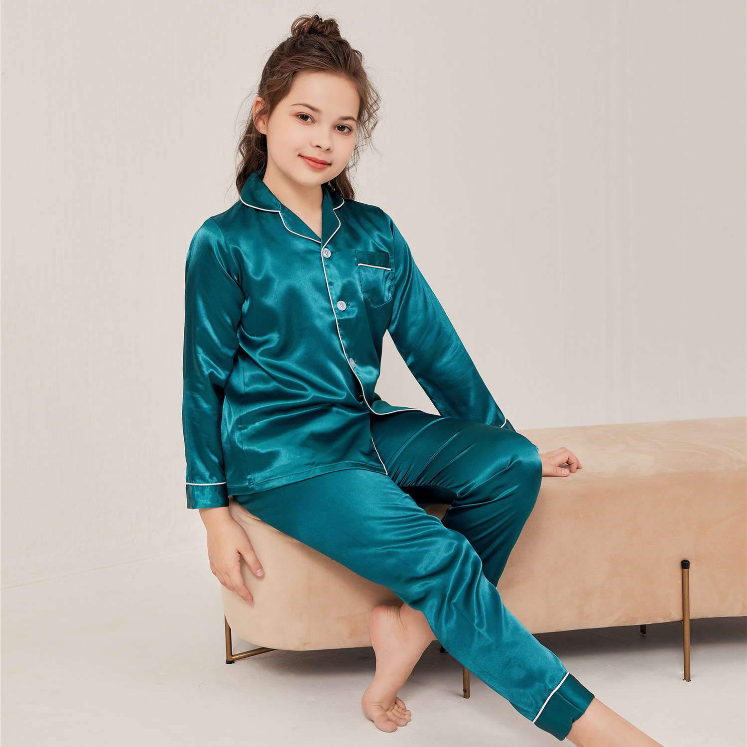 Cross-border Spring and Autumn Thin Ice Silk Boys and Girls Long-sleeved Casual Home Clothes Children's Imitation Silk Lapel Pajamas suit