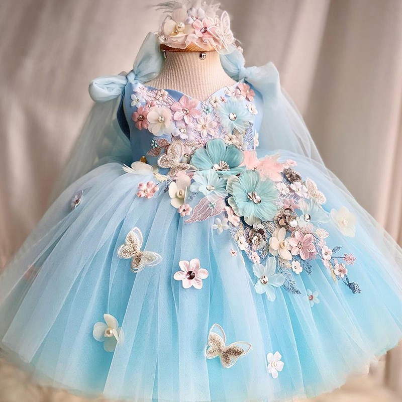 兒童禮服重工花朵藍色中小童蓬蓬裙周歲洛麗塔lolita女童公主裙子