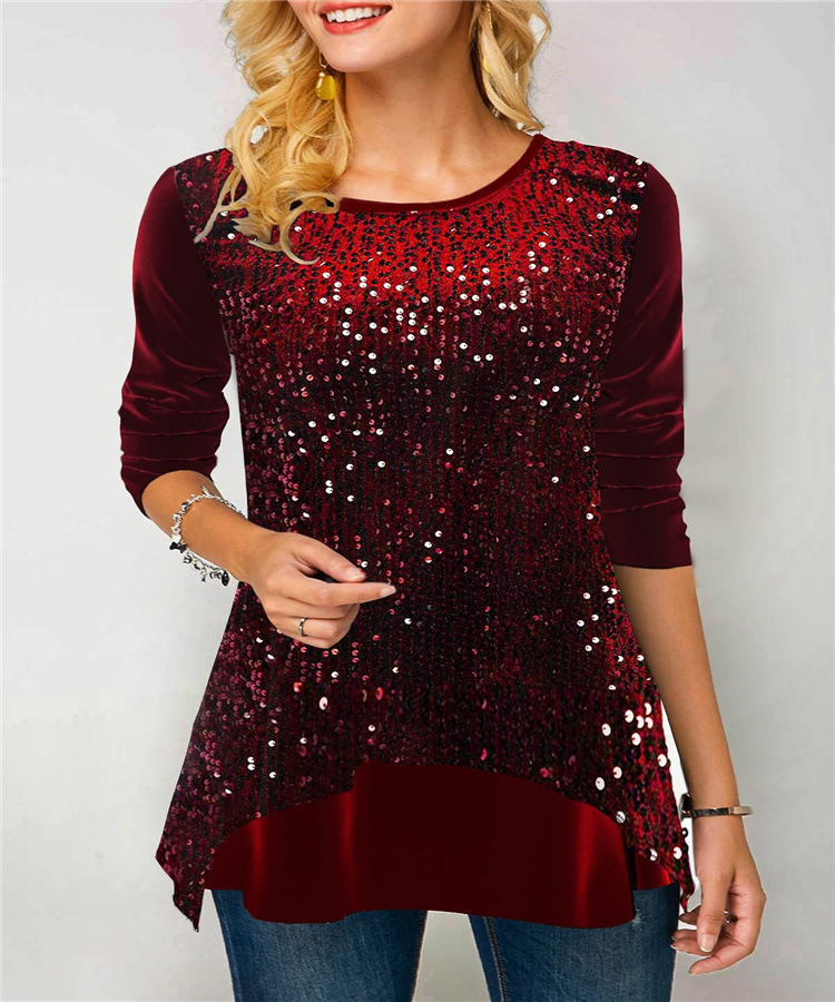Amazon wish AliExpress European and American popular women's round neck slim-fit sequined printed long sleeve pullover T-shirt