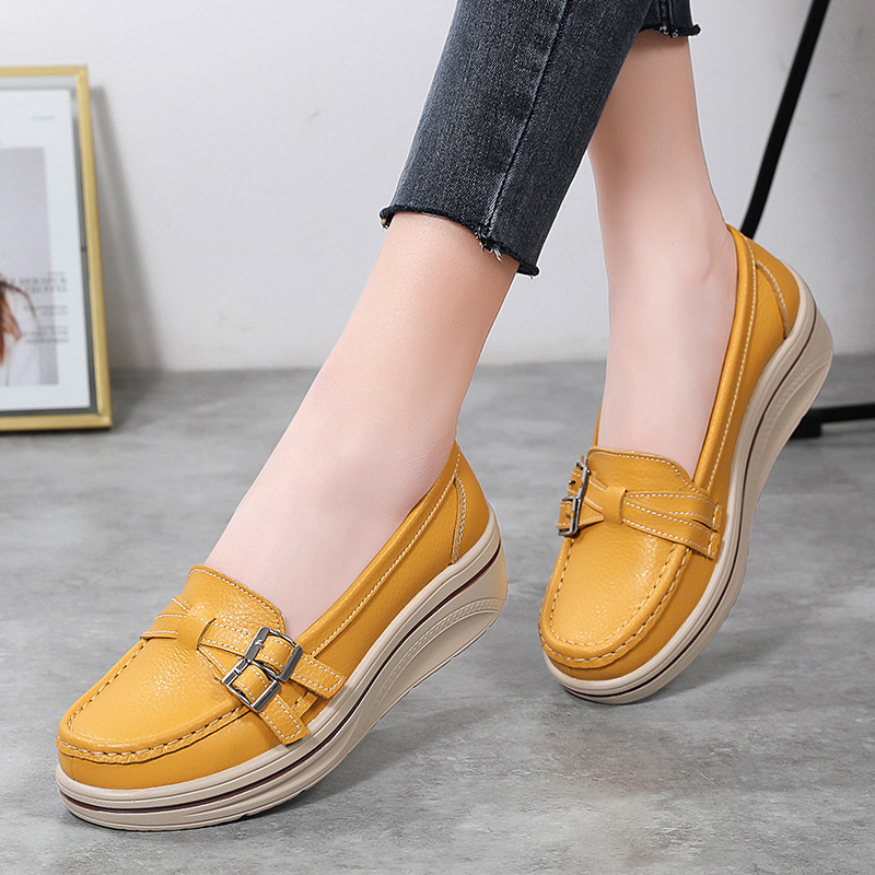 Spring and Autumn New Casual Thick-soled Wedge Large Size Slip-on Women's Single-layer Shoes Round-toe Metal Buckle Set-up Shoes for Moms