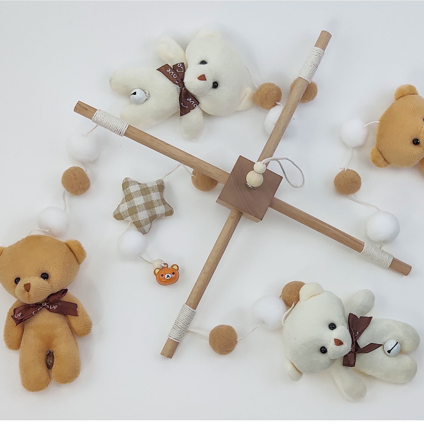 Cross-border INS Bear Bed Bell Plush Doll Five-pointed Star Hanging Rattle Cross Wooden Frame Baby Children's Pendant