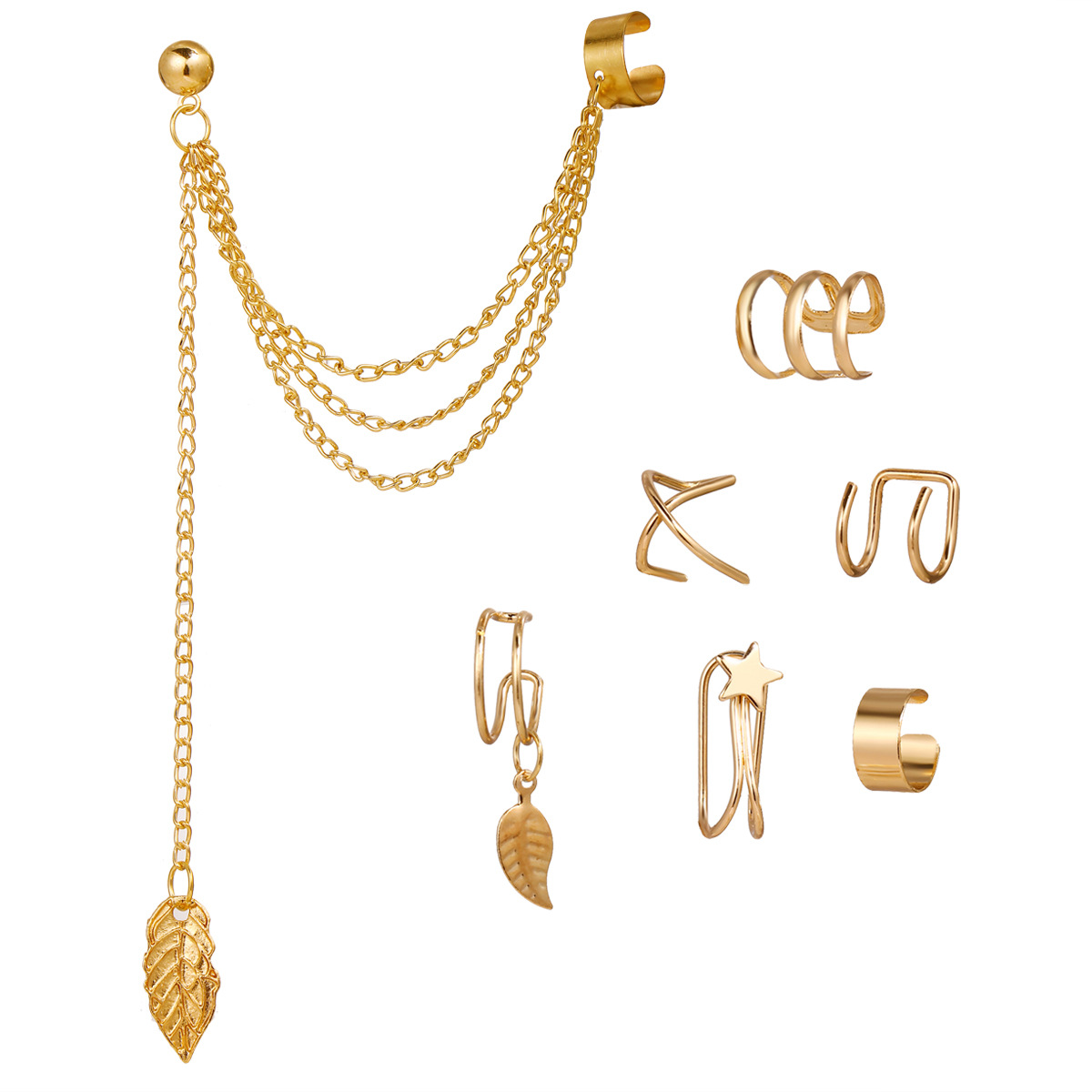 Cross-border Europe and the United States ins style 5-piece set creative personality fashion cartilage leaves double-layer earring ear clip set