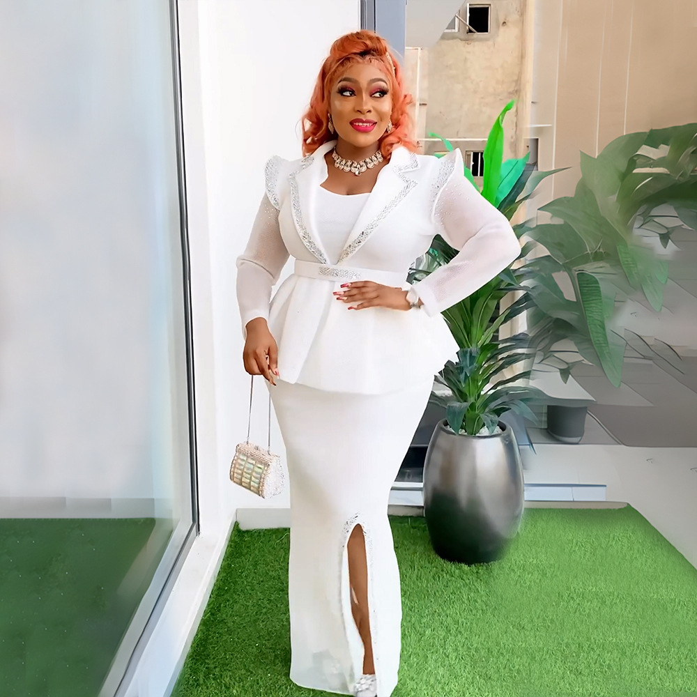 European and American cross-border foreign trade grid rhinestone temperament professional women's clothing plus size AliExpress African fake two-piece set dress