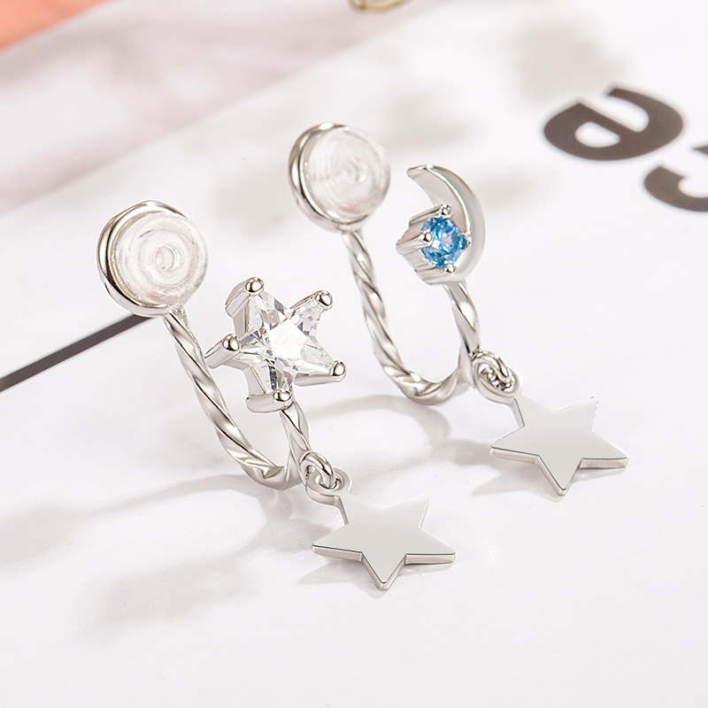 Asymmetric Moon and Stars Earrings Women's Light Luxury Simple Elegant Niche Design High-grade Painless Ear Clip Earrings without Ear Holes