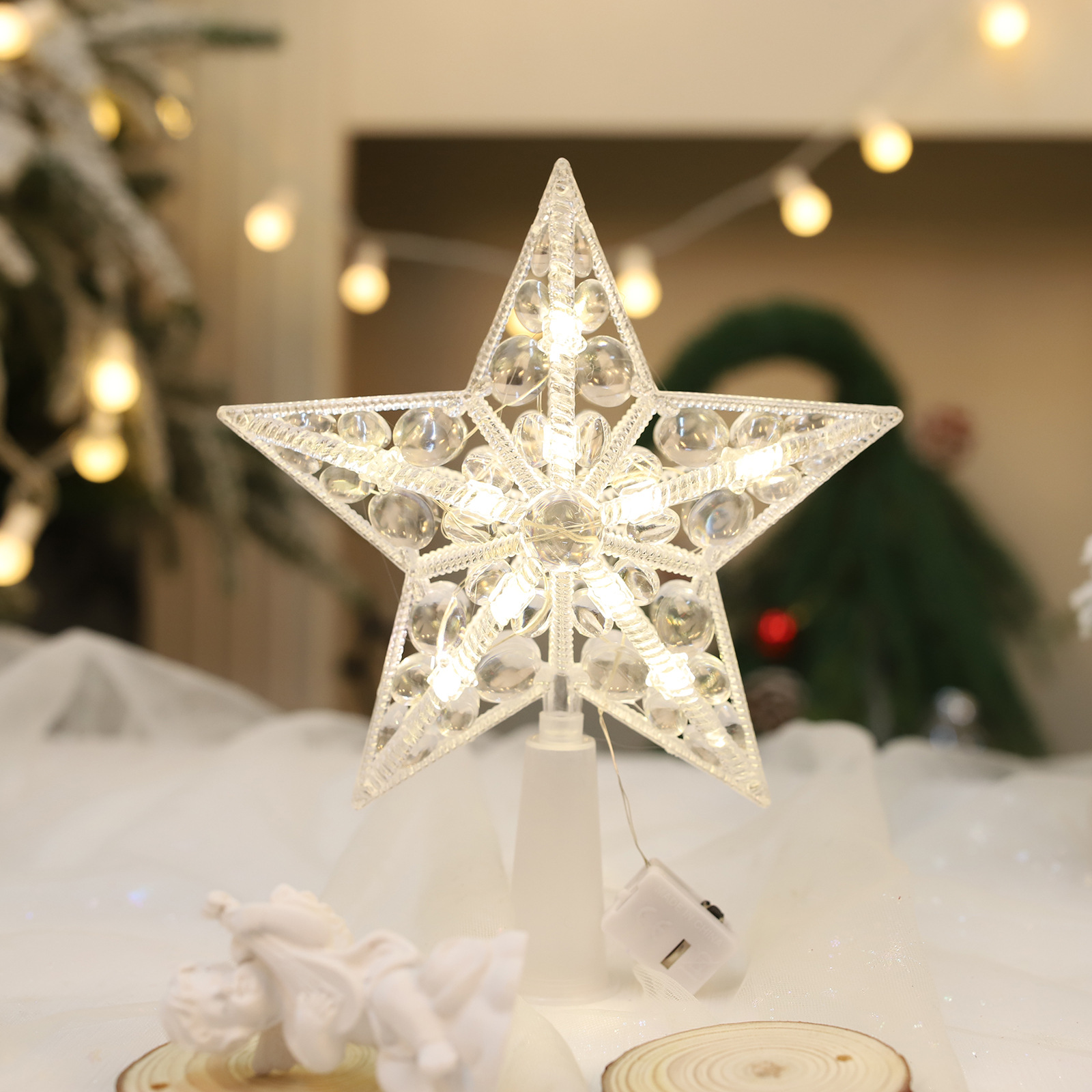 Christmas New luminous tree top star Christmas tree decoration supplies cross-border for Christmas transparent five-pointed star with light
