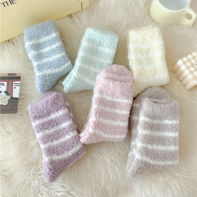 Women's socks autumn and winter fleece-lined thickened warm coral fleece striped mid-calf socks home floor socks sleep socks wholesale