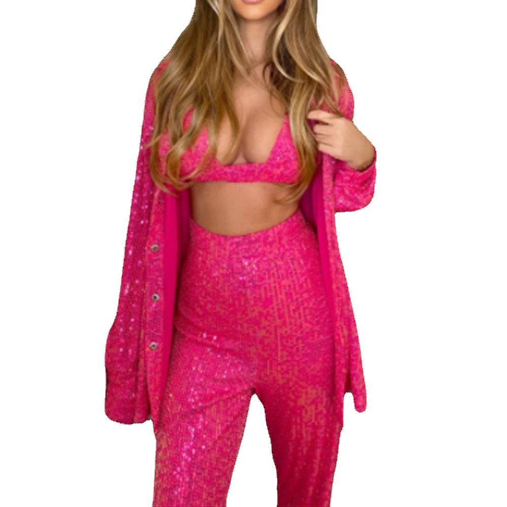 Spring and summer new foreign trade women's clothing Europe and the United States three-piece solid color sequins fashion casual suit shirt underwear straight pants
