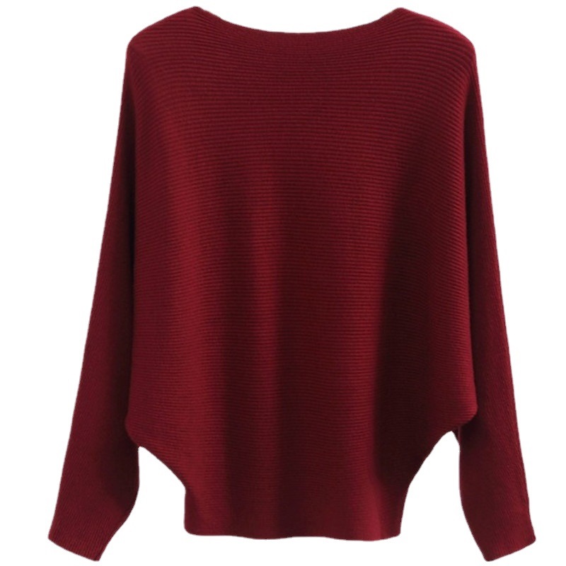 2022 Cross-border Amazon European and American Women's Wear Autumn and Winter New Solid Color Loose One-word Collar Long-sleeved Bat Knitted Sweater
