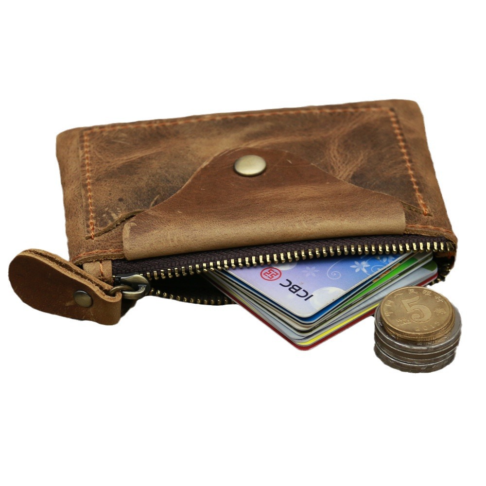 1044 Boys and Girls Genuine Leather Coin Purse Cowhide Crazy Horse Brown Brown Zipper Coin Bag Vintage Factory Outlet