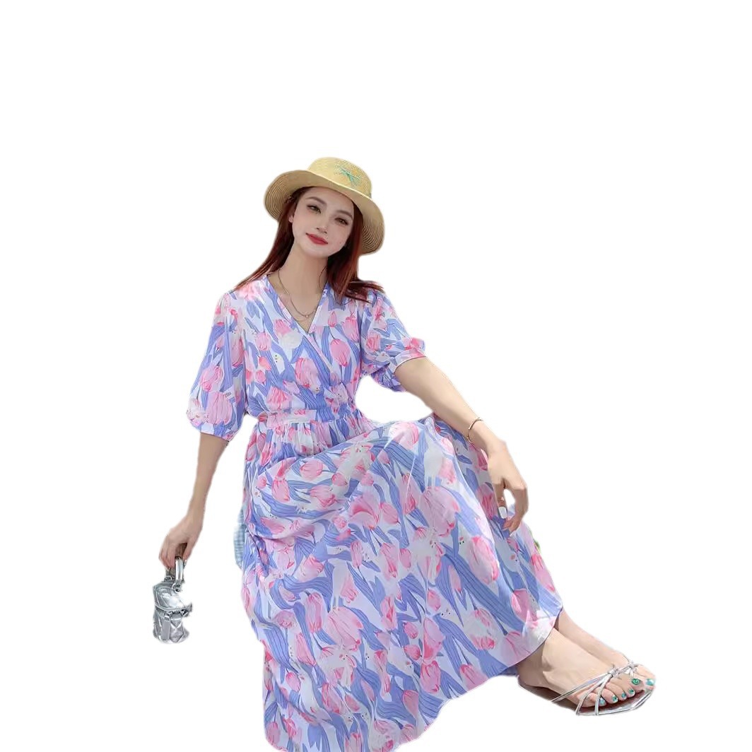 Cotton Silk Floral dress 2024 New Summer High-end plus size chubby girl Skirt Tight Waist Slimming French Long Dress