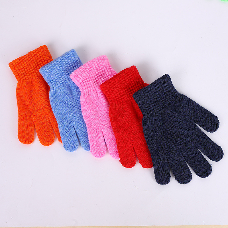 Cross-border pure color warm knitted children's gloves outdoor riding pure color five-finger student gloves with LOGO