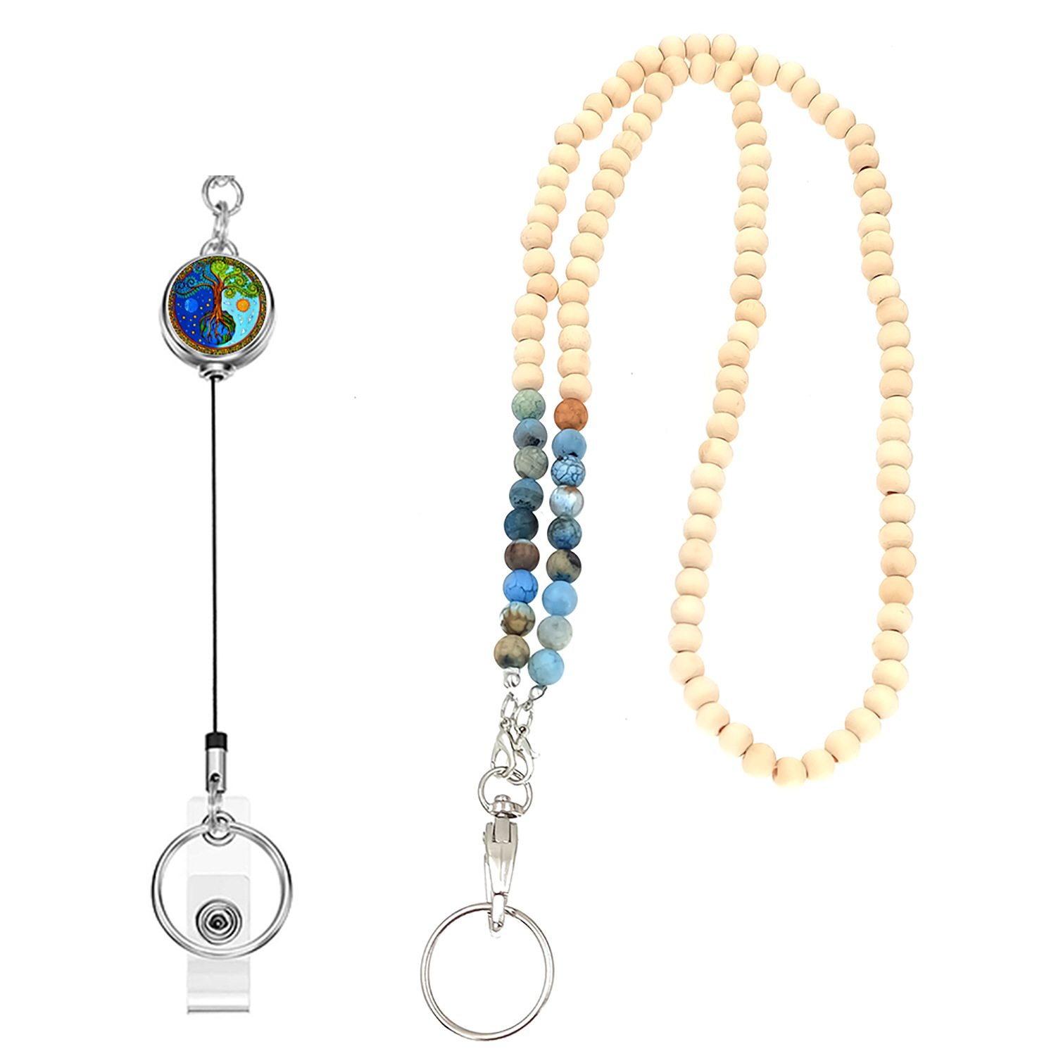 Amazon Stone Wooden Beads Work ID Lanyard Necklace ID Badge Easy Pull-up Buckle Sweater Long Necklace Glasses Mask Chain
