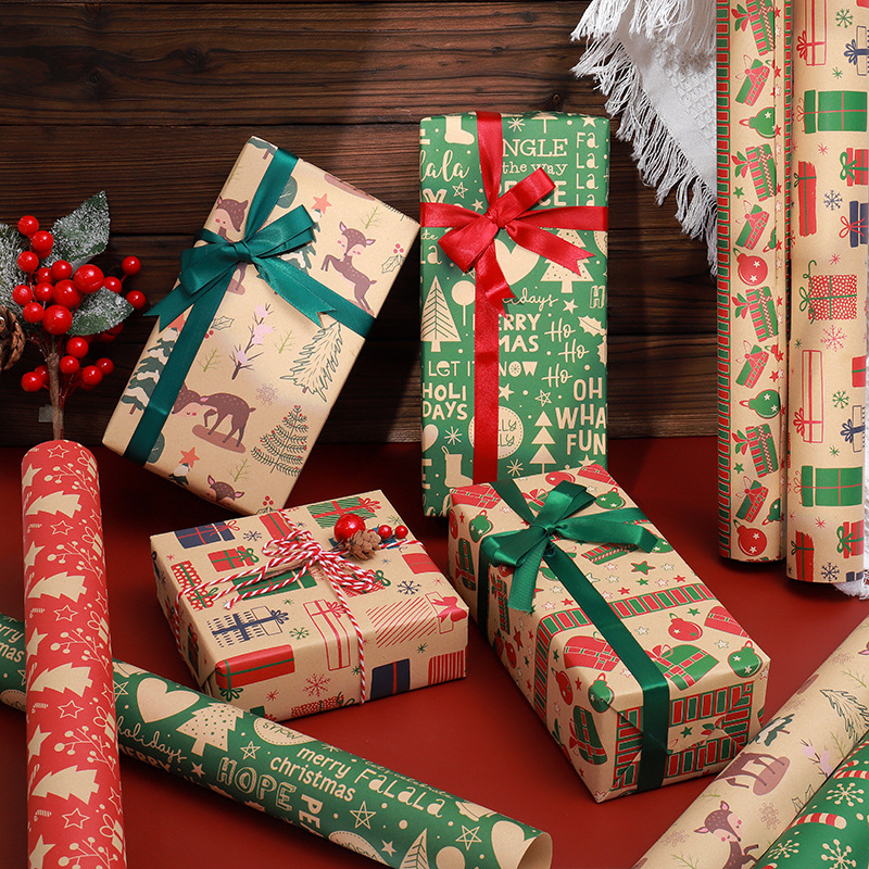 Cross-border new vintage Christmas Kraft paper wrapping paper cute cartoon Christmas gift wrapping paper wholesale