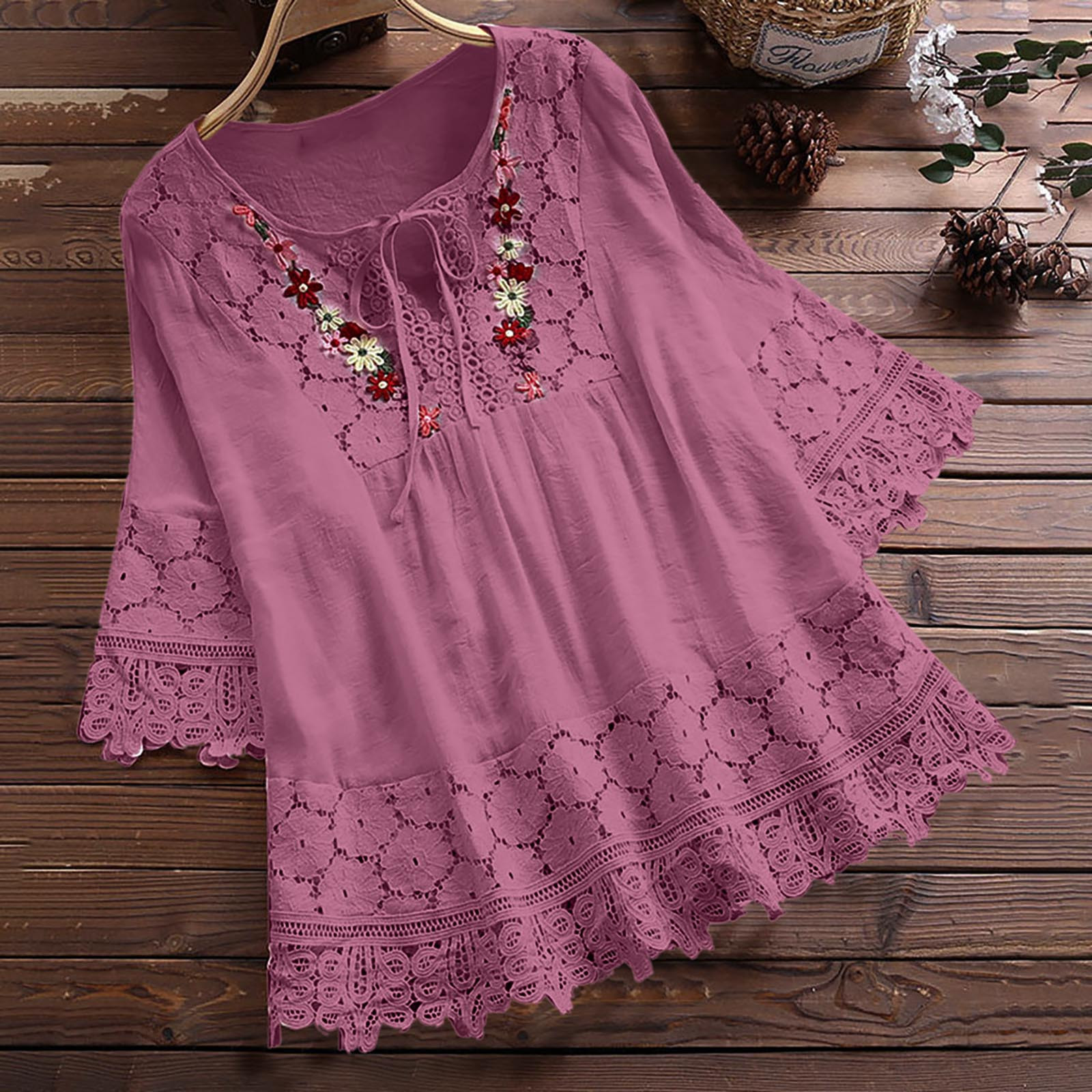 New 2022 summer Amazon cotton and linen stitching lace elegant European and American V-neck loose women's top