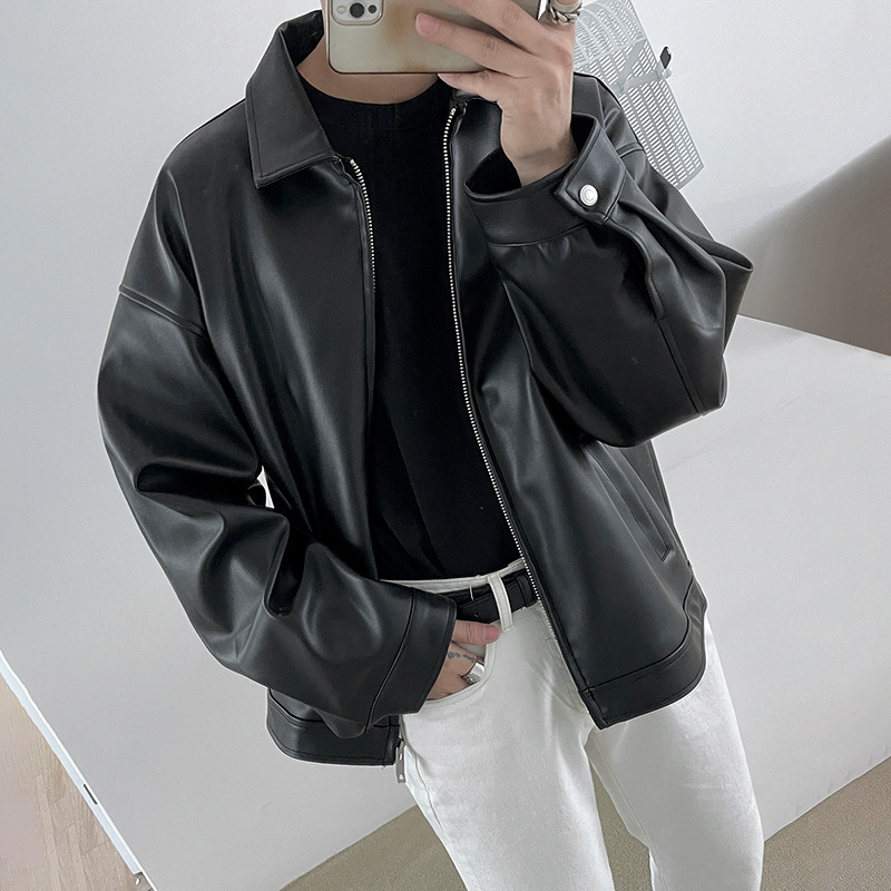 MYQ Men's Spring  New Trendy Korean Style PU Leather Casual Collar Baseball Jacket