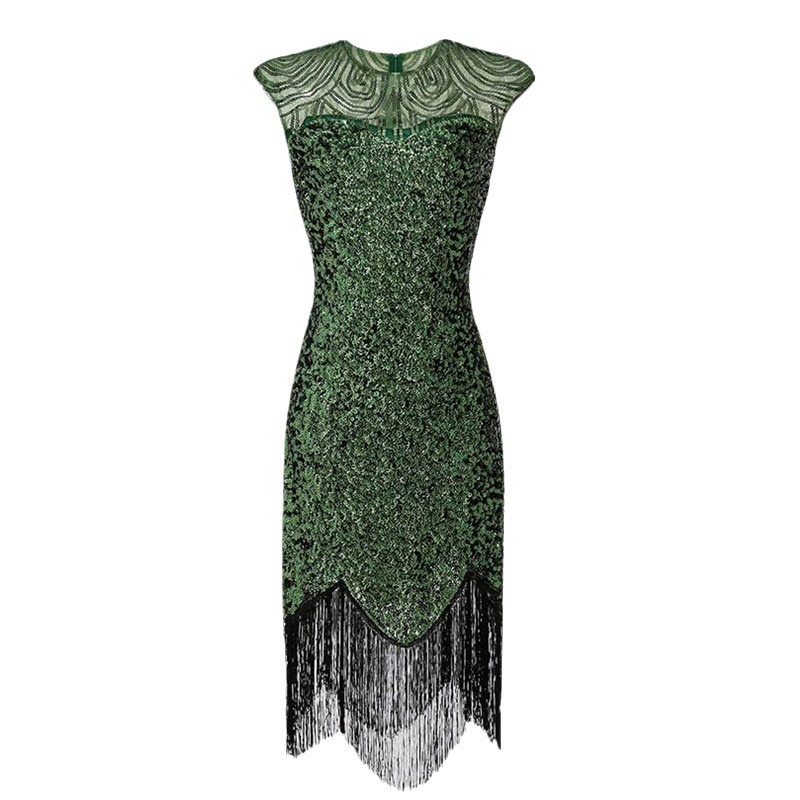 Amazon Explosive Banquet Evening Dress 1920 Vintage Sequin Tassel Dress Large Size Solid Color Stage Performance Dress