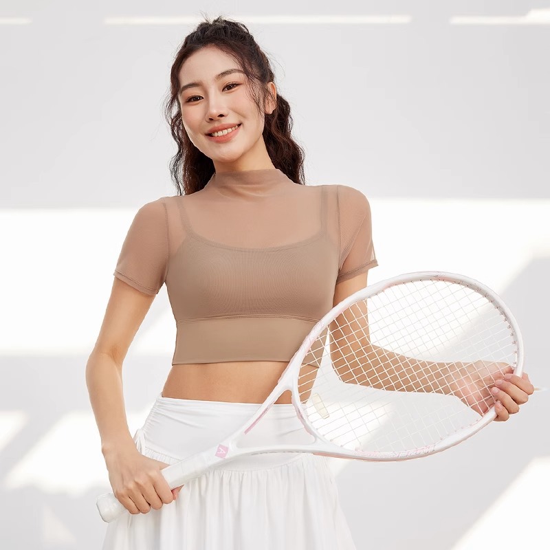 New short-sleeved sports T-shirt fitness clothes mesh sports bra top integrated Cup yoga vest one-piece suit