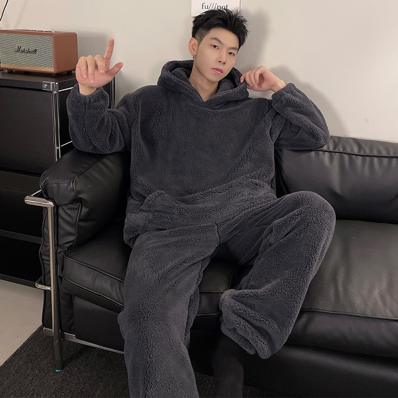 Autumn and Winter new pajamas men's thickened flannel hooded pullover solid color casual warm simple coral fleece home wear