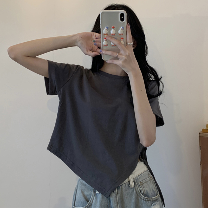 Short-sleeved T-shirt Women's Summer Short Shoulder Design Niche 2024 New Arrival Irregular Hot Girl Top