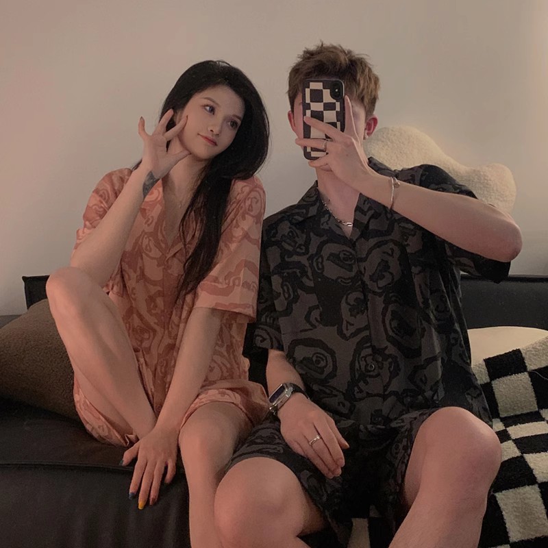Couple pajamas women's summer ice silk little milk dog short sleeve can be worn outside 2023 new summer Silk men's suit