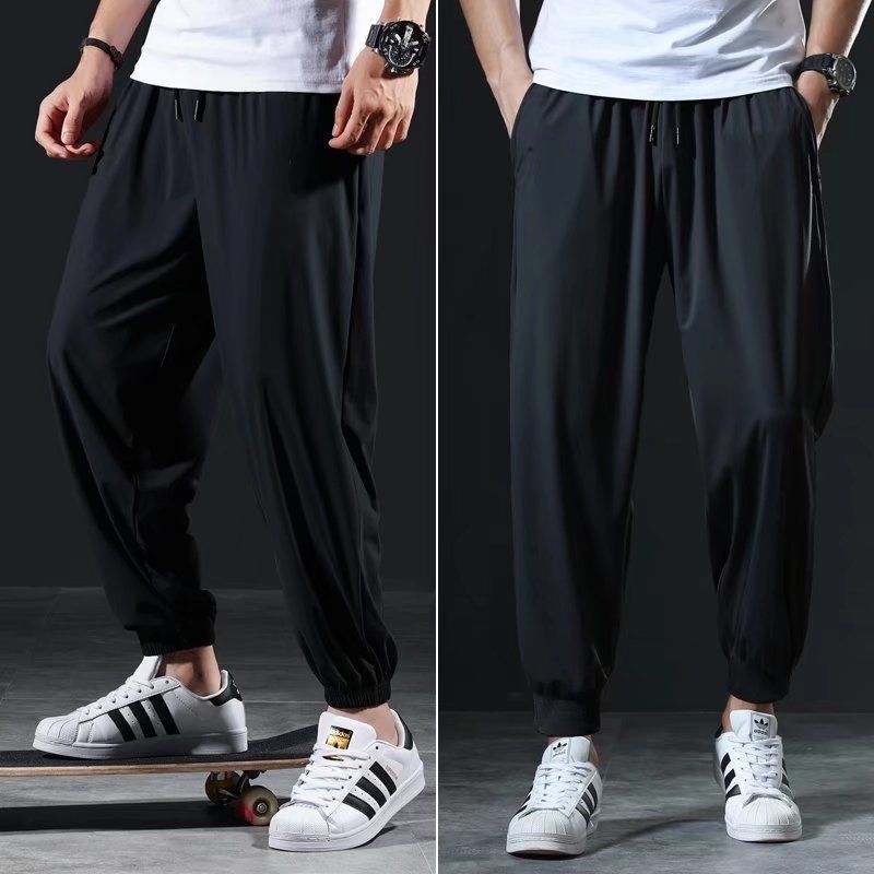 Stretch Casual Pants Ice Silk Quick-drying Men's Summer Thin Sports Pants for Fatty Plus Size Loose Leg Ankle-length Pants