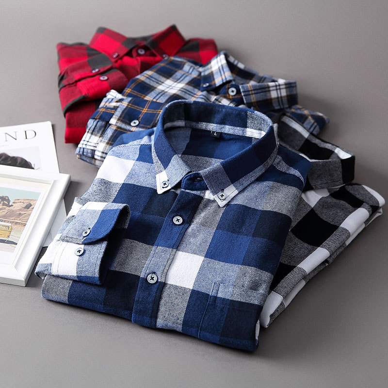 Spring new men's new sanding plaid slim shirt cotton casual plaid long sleeve shirt men's Korean style