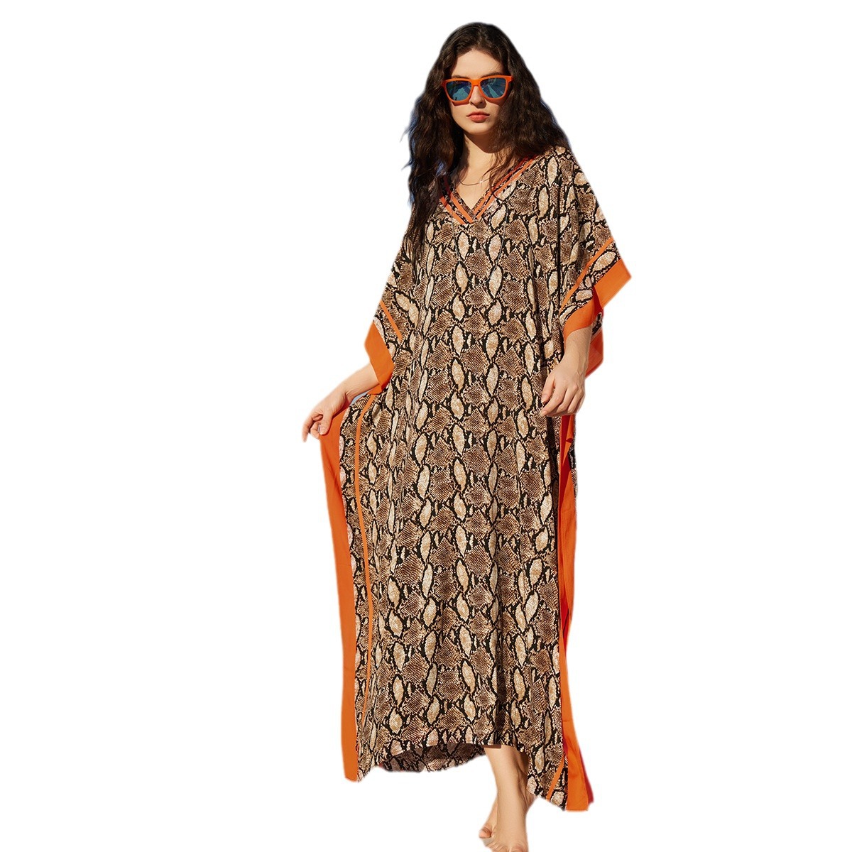 Beach Tunic Dress 100% Cotton Snake Print Vacation Long Dress 3 Colors Outdoor Sports Sun Protection Clothing