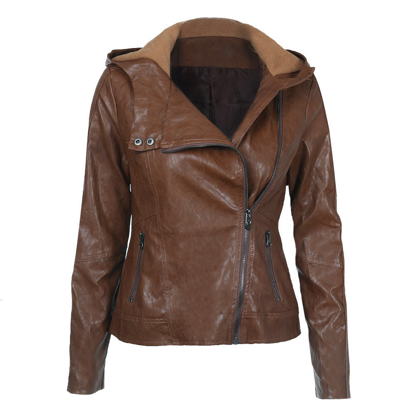 Amazon European and American fashion hooded long sleeve solid color women's leather jacket jacket pu leather women's spot