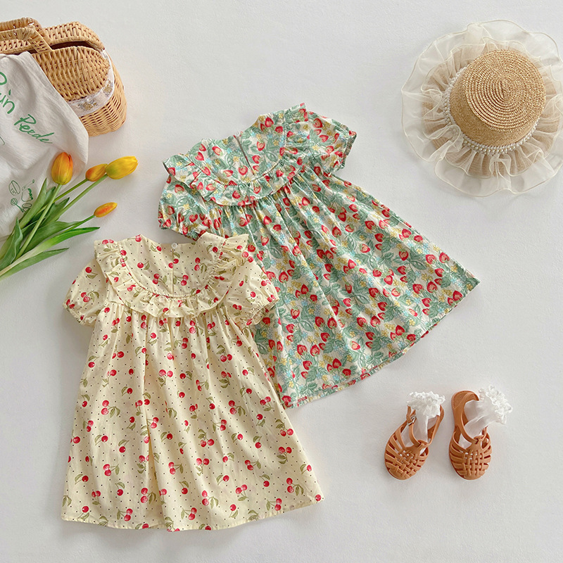 Strawberry Embroidered Ruffled Girl Dress 2023 Summer New Fruit Printed Children's Short Sleeve Doll Dress