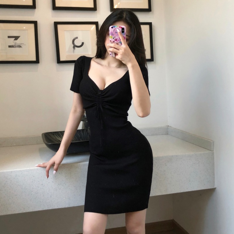 Knitted Skirt Dress Women's Summer 2023 New Korean-style Tight Waist Slimming Elegant Drawstring Tight Hip A- line Skirt