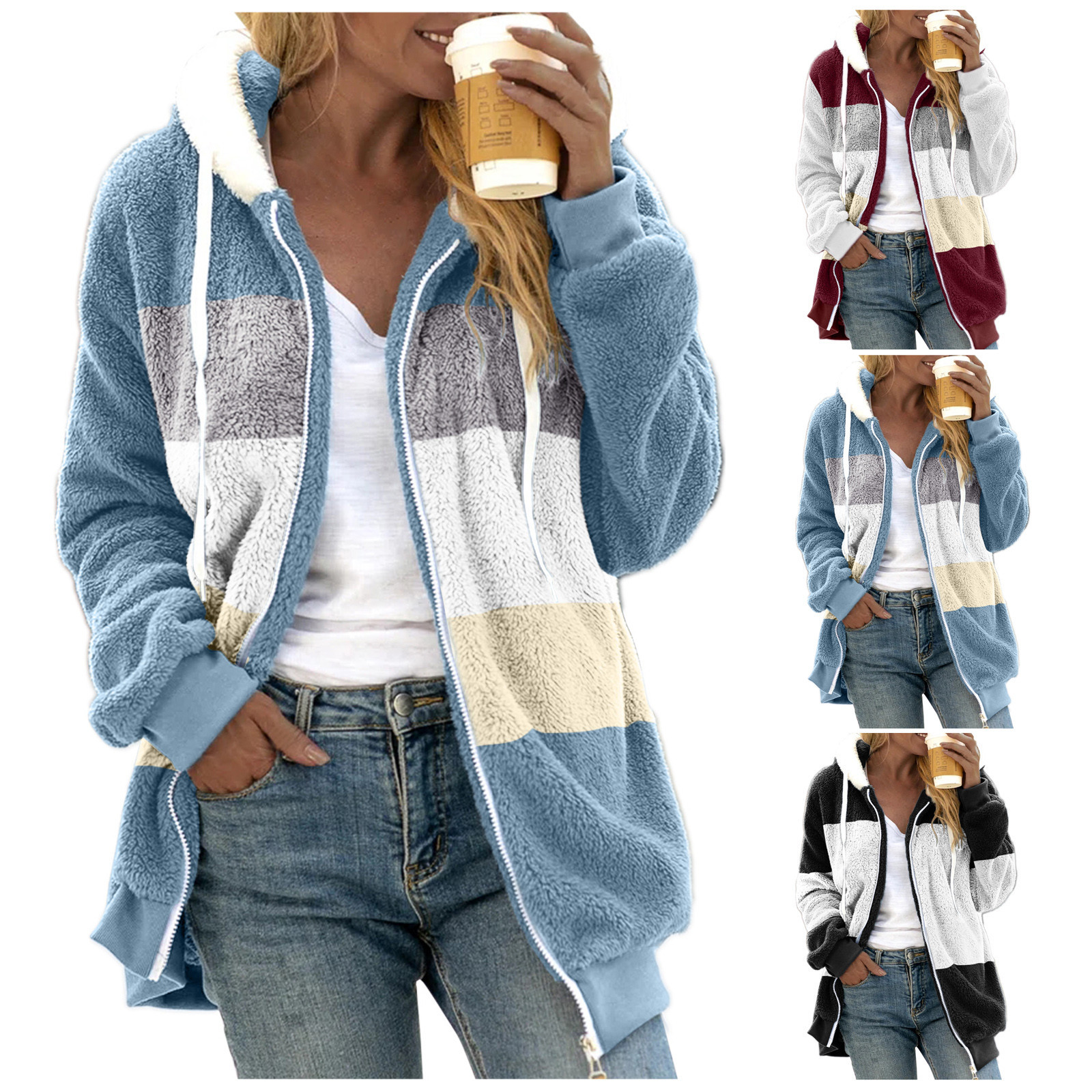 wish independent station 2021 Amazon hot sale new autumn and winter loose plush multi-color stitching hooded coat for women