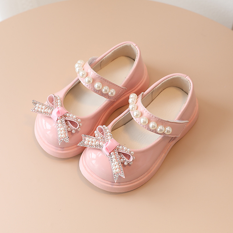 Spring and Autumn Children's Patent Leather Round Toe Cute Small Leather Shoes Pearl Bow Girls' Big Toe Leather Shoes Korean Style