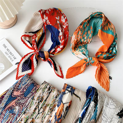 70 Pleated Professional Small Square Scarf Women's Autumn and Winter All-match Small Scarf Silk Scarf Fashionable Decorative Hair Band Tie Hair