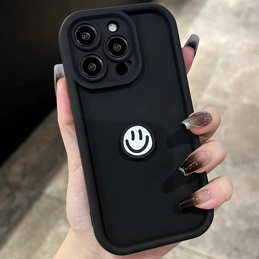ins簡約黑色笑臉蘋果14promax手機殼全包iPhone13軟12套11防摔14p