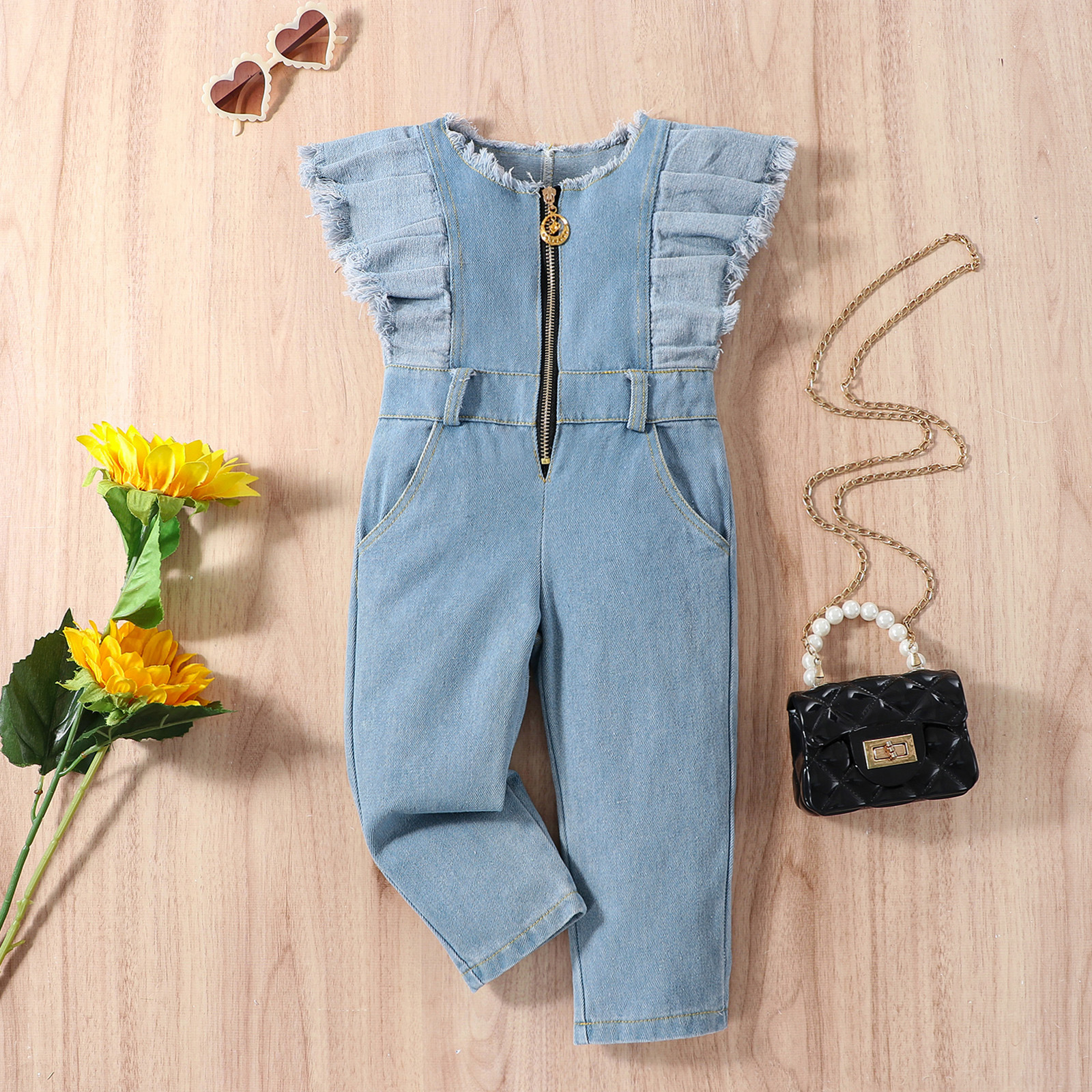 2023 Foreign Trade Summer European and American Style Instagram Girls New Flying Sleeve One-piece Denim Trousers