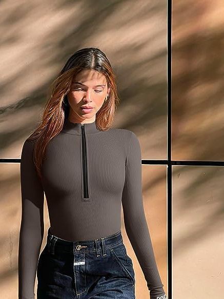 European and American cross-border Amazon 2023 long-sleeved jumpsuit sexy rib one-piece front zipper long-sleeved top jumpsuit