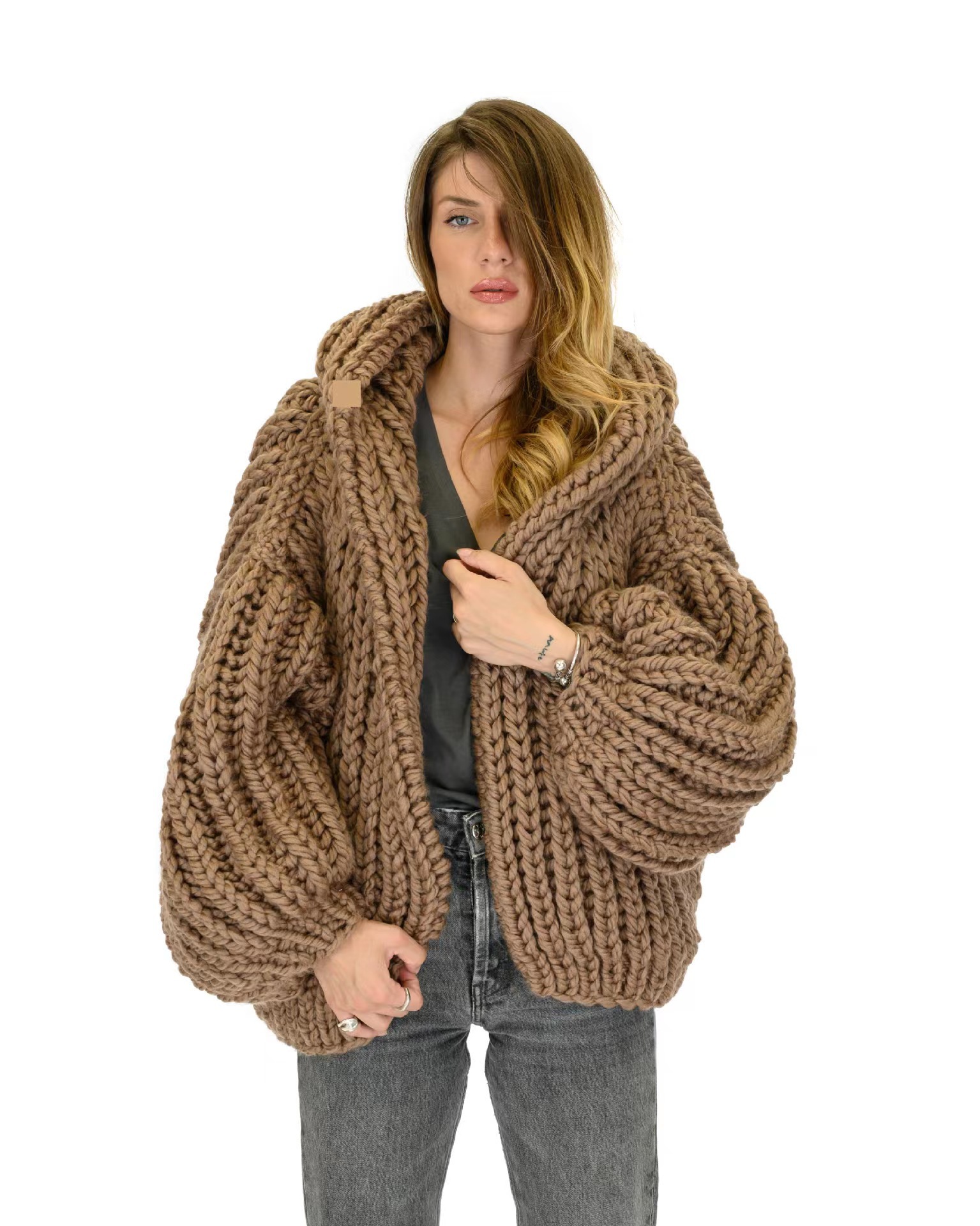 Grenzüberschreitender, lockerer, fauler Kapuzen-Strickpullover, handgefertigter Strickpullover für Damen_voghion.com