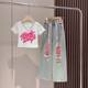 Girls' autumn new three-dimensional inkjet graffiti short-sleeved colorful Denim ripped pants suit children's western style wide-leg pants
